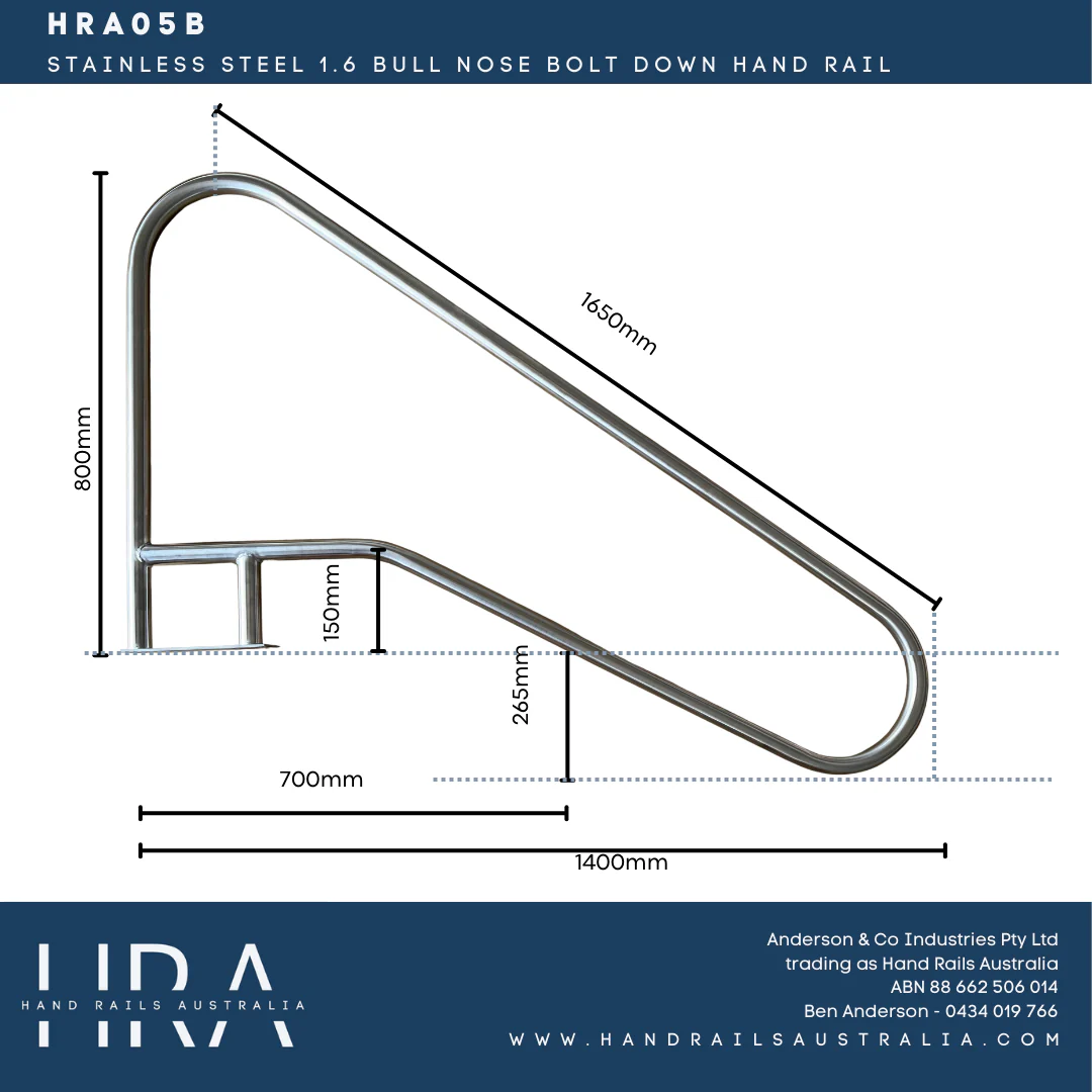 HRA05B Stainless Steel 1.6m Bull Nose Bolt Down Hand Rail - Image 4