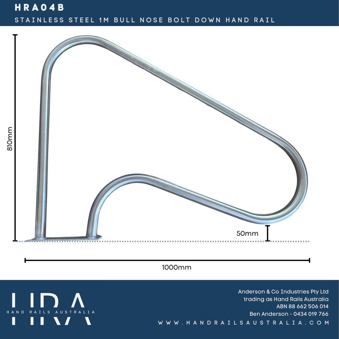 HRA04B Stainless Steel 1m Bull Nose Bolt Down Hand Rail - Image 4