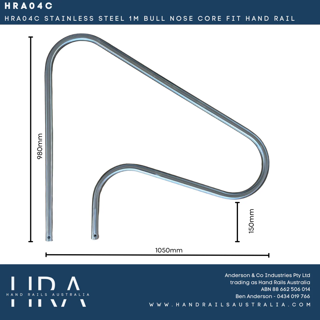 HRA04C Stainless Steel 1m Bull Nose Core Fit Hand Rail - Image 3