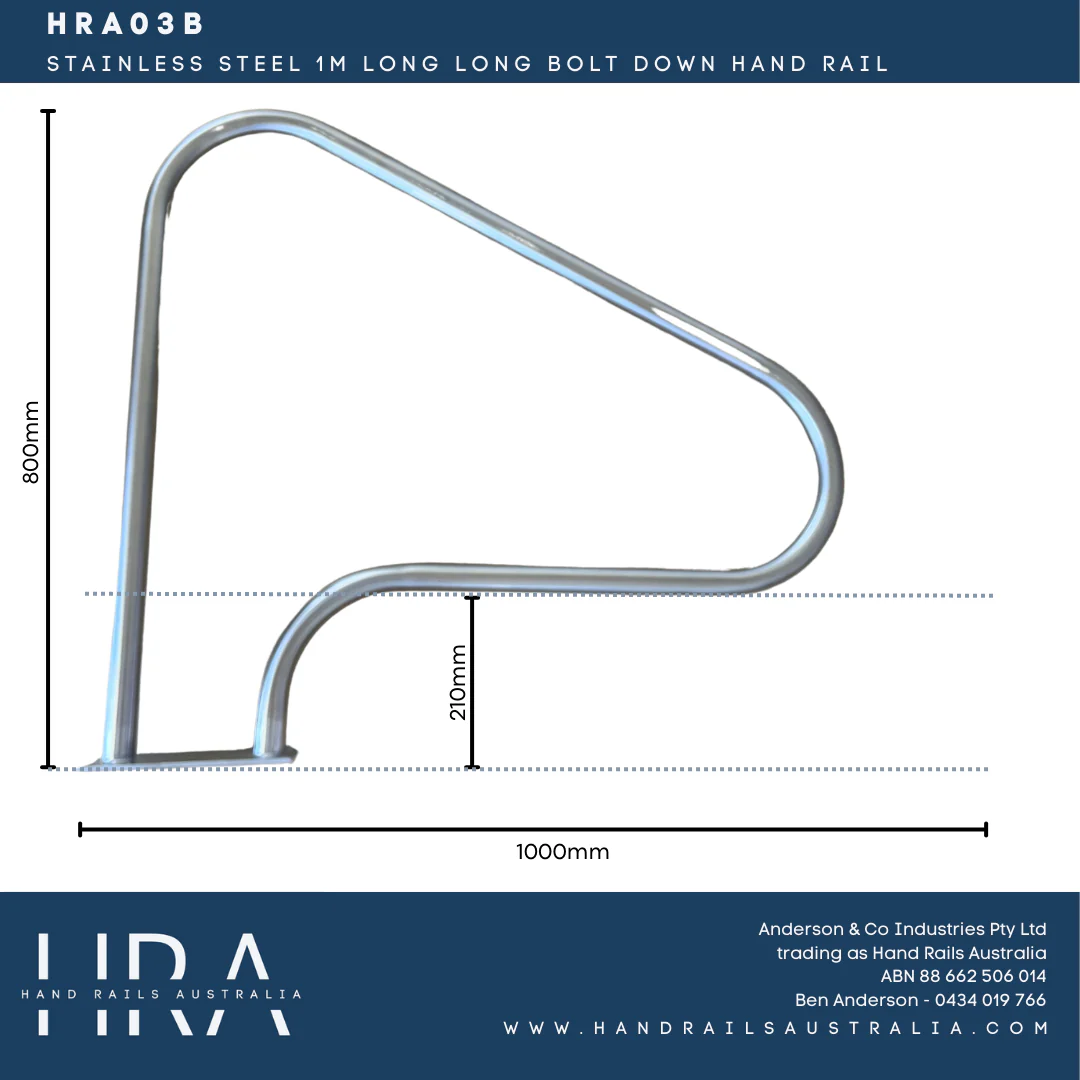 HRA03B Stainless Steel 1m Long Bolt Down Hand Rail - Image 3