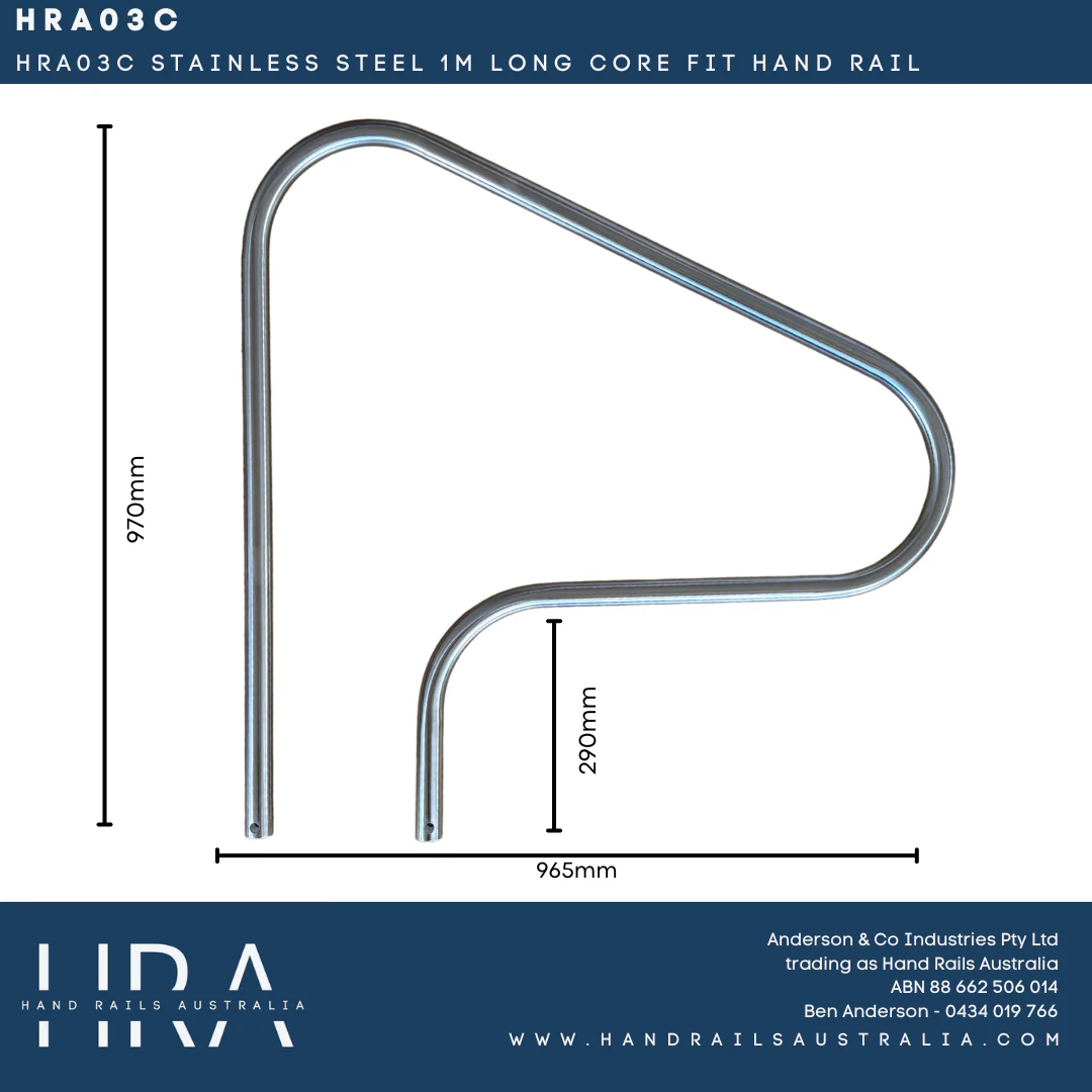 HRA03C Stainless Steel 1m Long Core Fit Hand Rail - Image 3