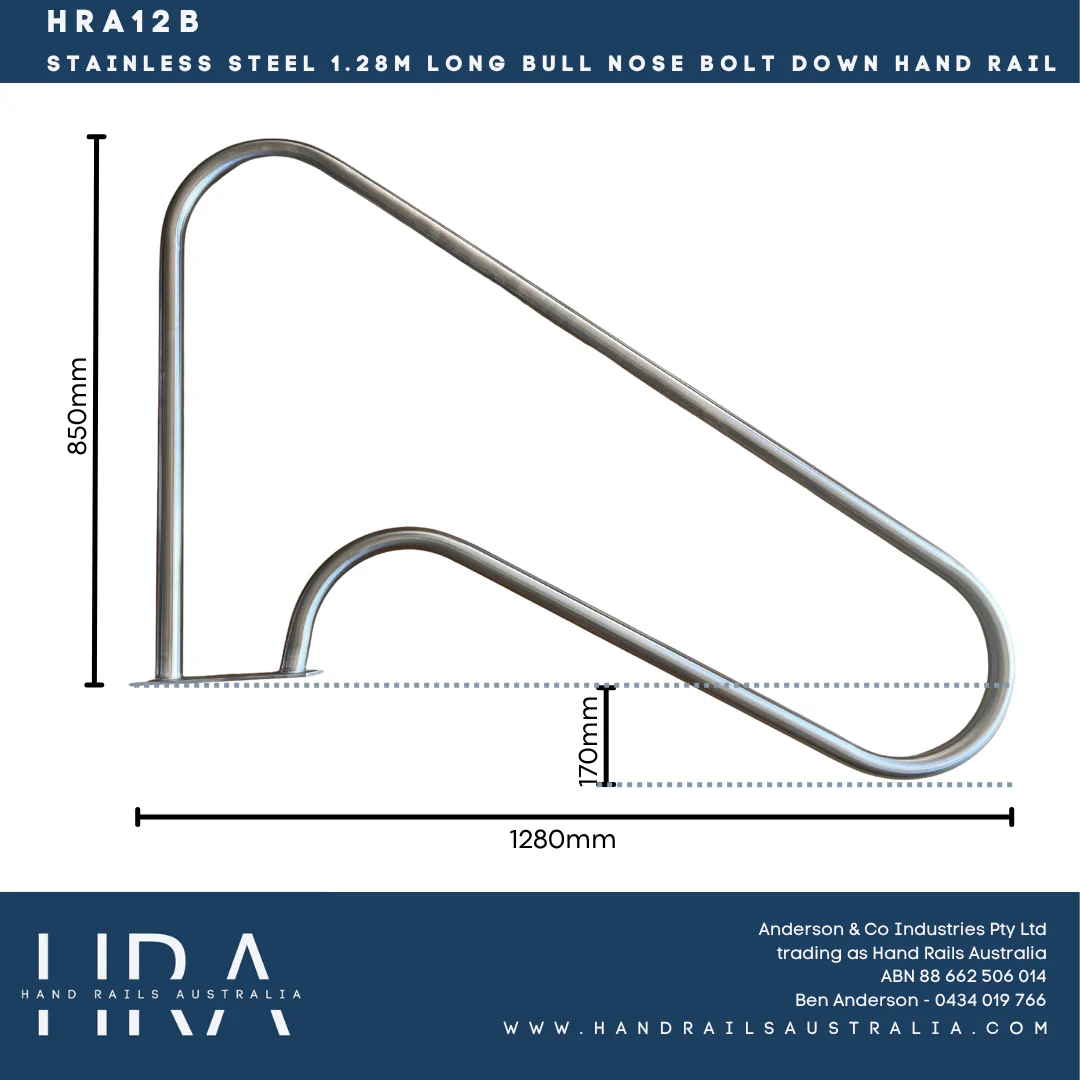 HRA12B Stainless Steel 1.28m Long Bull Nose Bolt Down Hand Rail - Image 4